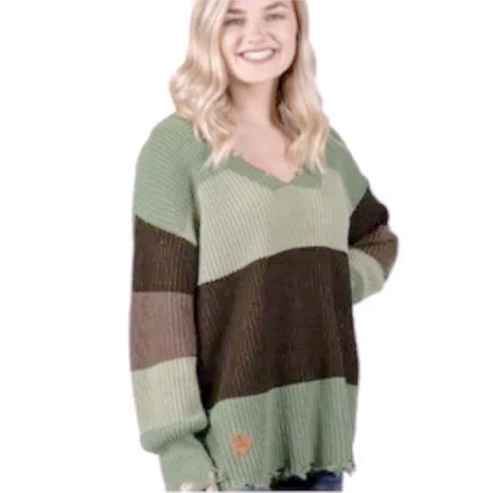 SIMPLY SOUTHERN Distressed OD Green Color-block Size Small Knit Sweater NWT